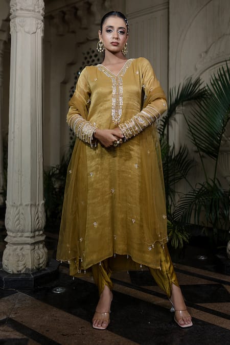 Farha Syed Yellow Tissue, Chiffon, Satin, Tulle Sequins, Pearls, Hand Embroidered Kurta Set 