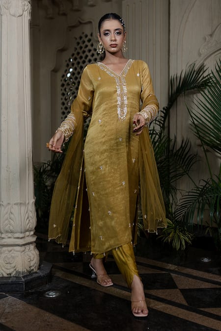 Buy Farha Syed Yellow Tissue, Chiffon, Satin, Tulle Sequins, Pearls, Hand Embroidered Kurta Set Online at Aza Fashions Buy_Farha Syed_Yellow Tissue, Chiffon, Satin, Tulle Sequins, Pearls, Hand Embroidered Kurta Set _Online_at_Aza_Fashions