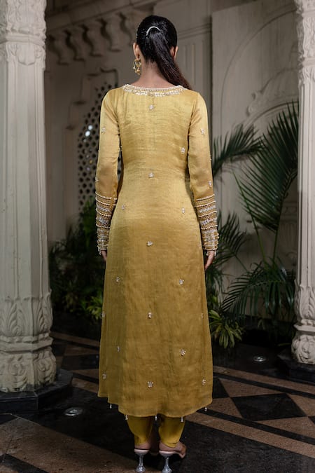 Farha Syed Yellow Tissue, Chiffon, Satin, Tulle Sequins, Pearls, Hand Embroidered Kurta Set Online at Aza Fashions Farha Syed_Yellow Tissue, Chiffon, Satin, Tulle Sequins, Pearls, Hand Embroidered Kurta Set _Online_at_Aza_Fashions