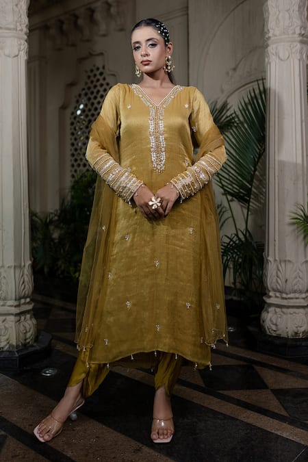 Shop Farha Syed Yellow Tissue, Chiffon, Satin, Tulle Sequins, Pearls, Hand Embroidered Kurta Set Online at Aza Fashions Shop_Farha Syed_Yellow Tissue, Chiffon, Satin, Tulle Sequins, Pearls, Hand Embroidered Kurta Set _Online_at_Aza_Fashions