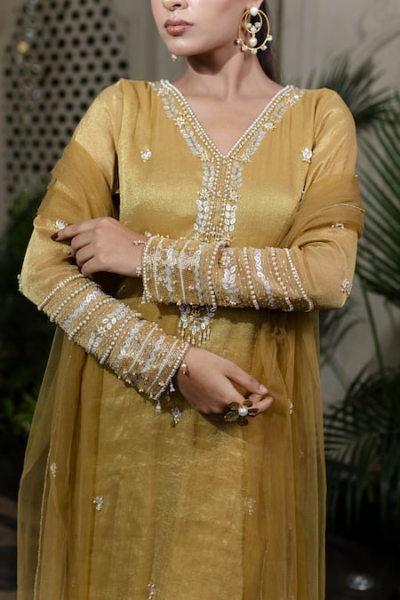Buy Farha Syed Yellow Tissue, Chiffon, Satin, Tulle Sequins, Pearls, Hand Embroidered Kurta Set Buy_Farha Syed_Yellow Tissue, Chiffon, Satin, Tulle Sequins, Pearls, Hand Embroidered Kurta Set