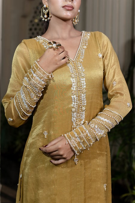 Shop Farha Syed Yellow Tissue, Chiffon, Satin, Tulle Sequins, Pearls, Hand Embroidered Kurta Set Shop_Farha Syed_Yellow Tissue, Chiffon, Satin, Tulle Sequins, Pearls, Hand Embroidered Kurta Set