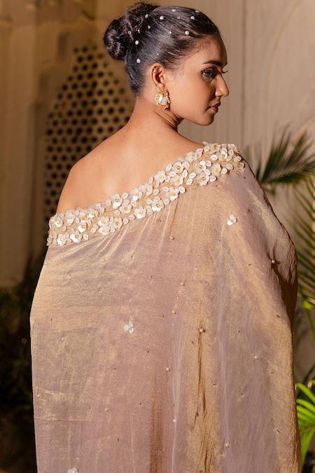 Farha Syed Rose Gold Tissue, Chiffon, Shantoon Pearls, Champagne Embroidered Kaftan Online at Aza Fashions Farha Syed_Rose Gold Tissue, Chiffon, Shantoon Pearls, Champagne Embroidered Kaftan _Online_at_Aza_Fashions