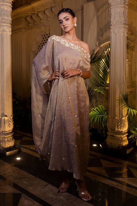 Buy Farha Syed Rose Gold Tissue, Chiffon, Shantoon Pearls, Champagne Embroidered Kaftan Online at Aza Fashions Buy_Farha Syed_Rose Gold Tissue, Chiffon, Shantoon Pearls, Champagne Embroidered Kaftan _Online_at_Aza_Fashions