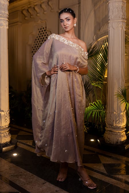 Farha Syed Rose Gold Tissue, Chiffon, Shantoon Pearls, Champagne Embroidered Kaftan