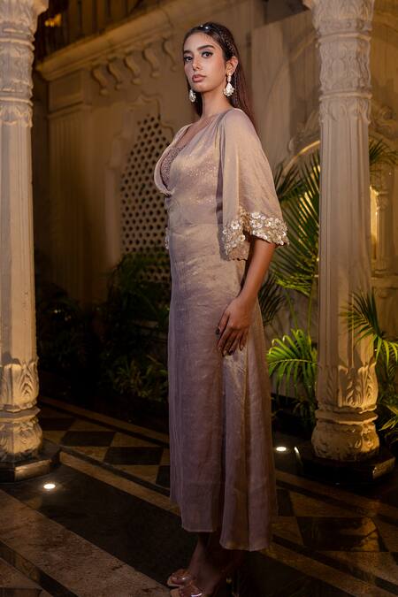 Shop Farha Syed Rose Gold Tissue, Chiffon, Shantoon Embroidery, Champagne Kaftan Dress Set Online at Aza Fashions Shop_Farha Syed_Rose Gold Tissue, Chiffon, Shantoon Embroidery, Champagne Kaftan Dress Set _Online_at_Aza_Fashions