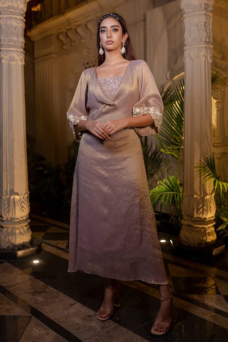 Farha Syed Rose Gold Tissue, Chiffon, Shantoon Embroidery, Champagne Kaftan Dress Set at Aza Fashions Farha Syed_Rose Gold Tissue, Chiffon, Shantoon Embroidery, Champagne Kaftan Dress Set _at_Aza_Fashions