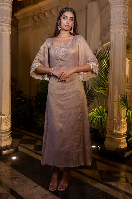 Buy Farha Syed Rose Gold Tissue, Chiffon, Shantoon Embroidery, Champagne Kaftan Dress Set Buy_Farha Syed_Rose Gold Tissue, Chiffon, Shantoon Embroidery, Champagne Kaftan Dress Set