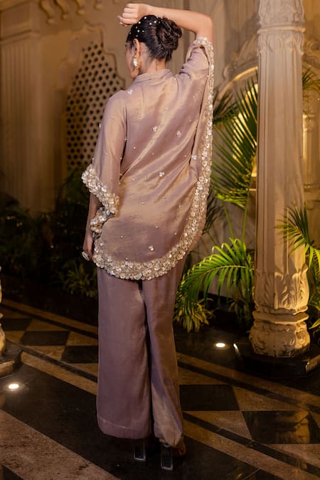 Farha Syed_Rose Gold Tissue, Chiffon, Shantoon Pearls, Sequins Champagne Kaftan Pant Set _Online_at_Aza_Fashions