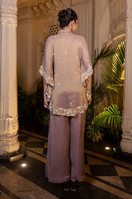 Shop_Farha Syed_Rose Gold Tissue, Chiffon, Shantoon Pearls, Sequins Champagne Kaftan Pant Set _Online_at_Aza_Fashions