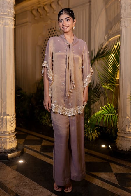 Shop_Farha Syed_Rose Gold Tissue, Chiffon, Shantoon Pearls, Sequins Champagne Kaftan Pant Set 