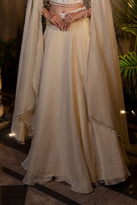 Farha Syed_Ivory Tissue, Chanderi Sequins, Pearls, Zari Round Beige Embroidered Lehenga Set _Online_at_Aza_Fashions