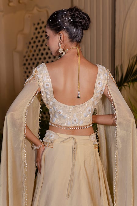 Shop_Farha Syed_Ivory Tissue, Chanderi Sequins, Pearls, Zari Round Beige Embroidered Lehenga Set _at_Aza_Fashions