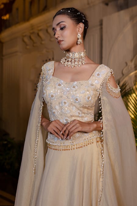 Buy_Farha Syed_Ivory Tissue, Chanderi Sequins, Pearls, Zari Round Beige Embroidered Lehenga Set _Online_at_Aza_Fashions