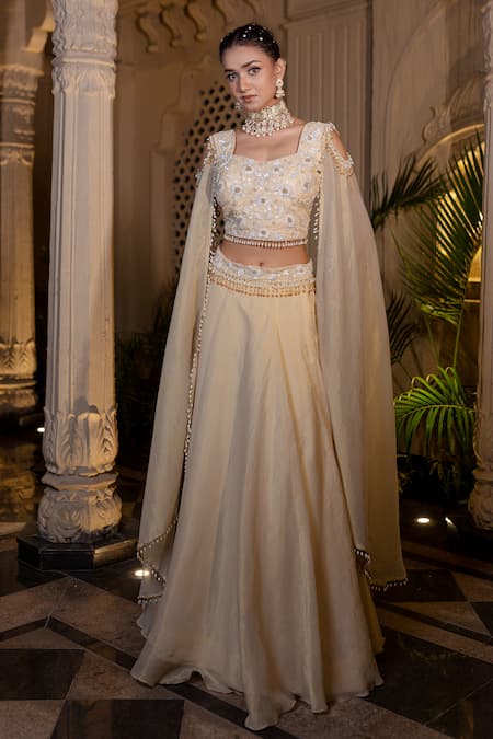 Shop_Farha Syed_Ivory Tissue, Chanderi Sequins, Pearls, Zari Round Beige Embroidered Lehenga Set _Online_at_Aza_Fashions