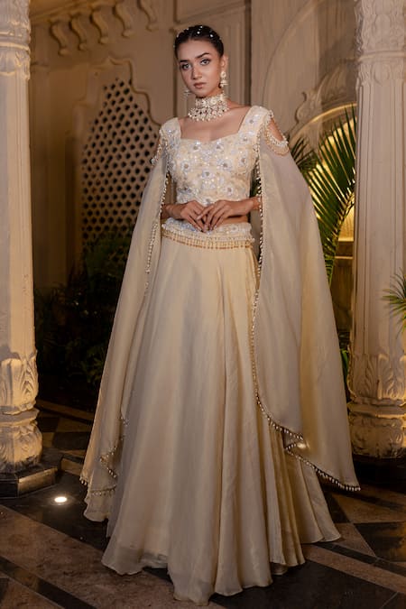 Farha Syed_Ivory Tissue, Chanderi Sequins, Pearls, Zari Round Beige Embroidered Lehenga Set _at_Aza_Fashions