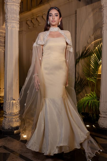 Farha Syed_Ivory Tissue, Chiffon Zari Round Neck Beige Designer Gown And Cape Set _at_Aza_Fashions