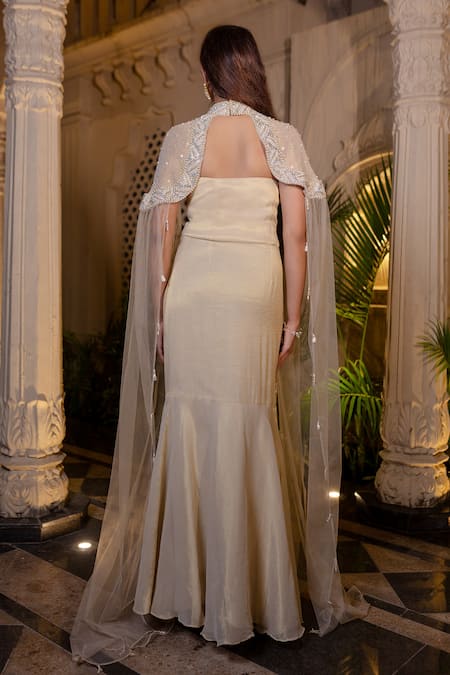 Farha Syed Ivory Beige Designer Gown & Cape Set 