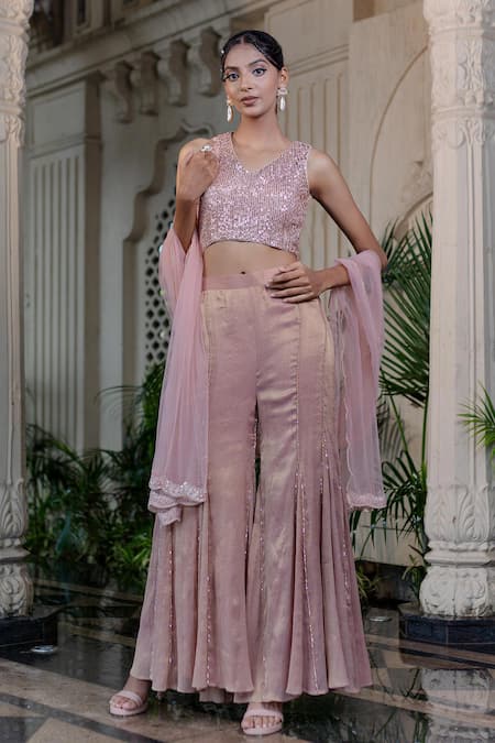 Buy Farha Syed Peach Net, Chiffon Sequins, Zari, Pearls V-neck Pink Embellished Sharara Set Online at Aza Fashions Buy_Farha Syed_Peach Net, Chiffon Sequins, Zari, Pearls V-neck Pink Embellished Sharara Set _Online_at_Aza_Fashions