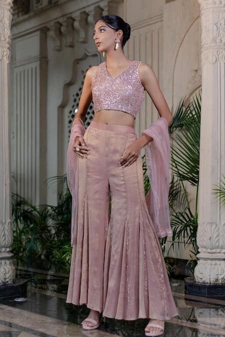 Shop Farha Syed Peach Net, Chiffon Sequins, Zari, Pearls V-neck Pink Embellished Sharara Set Online at Aza Fashions Shop_Farha Syed_Peach Net, Chiffon Sequins, Zari, Pearls V-neck Pink Embellished Sharara Set _Online_at_Aza_Fashions