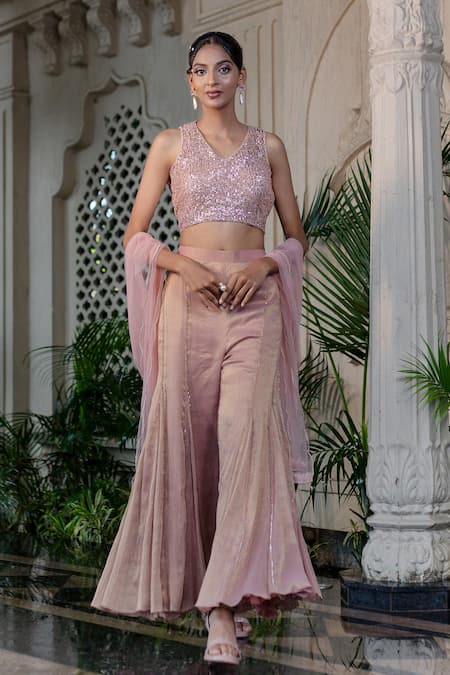 Farha Syed Peach Net, Chiffon Sequins, Zari, Pearls V-neck Pink Embellished Sharara Set at Aza Fashions Farha Syed_Peach Net, Chiffon Sequins, Zari, Pearls V-neck Pink Embellished Sharara Set _at_Aza_Fashions