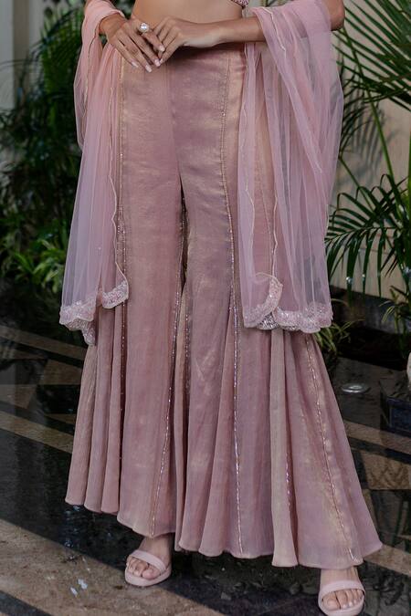 Shop Farha Syed Peach Net, Chiffon Sequins, Zari, Pearls V-neck Pink Embellished Sharara Set Shop_Farha Syed_Peach Net, Chiffon Sequins, Zari, Pearls V-neck Pink Embellished Sharara Set