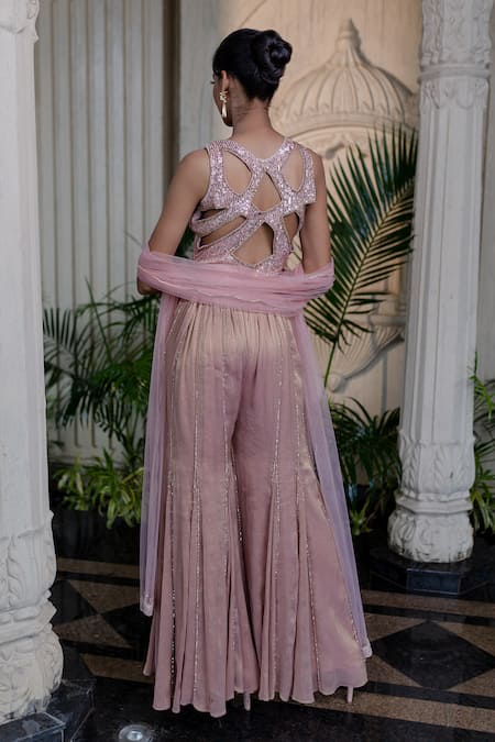 Farha Syed Peach Net, Chiffon Sequins, Zari, Pearls V-neck Pink Embellished Sharara Set Online at Aza Fashions Farha Syed_Peach Net, Chiffon Sequins, Zari, Pearls V-neck Pink Embellished Sharara Set _Online_at_Aza_Fashions