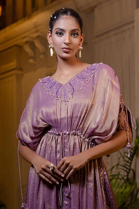 Buy Farha Syed Lavender Chiffon, Tissue, Brocade Pearls, Sequins V-neck Kaftan And Pant Set Online at Aza Fashions Buy_Farha Syed_Lavender Chiffon, Tissue, Brocade Pearls, Sequins V-neck Kaftan And Pant Set _Online_at_Aza_Fashions