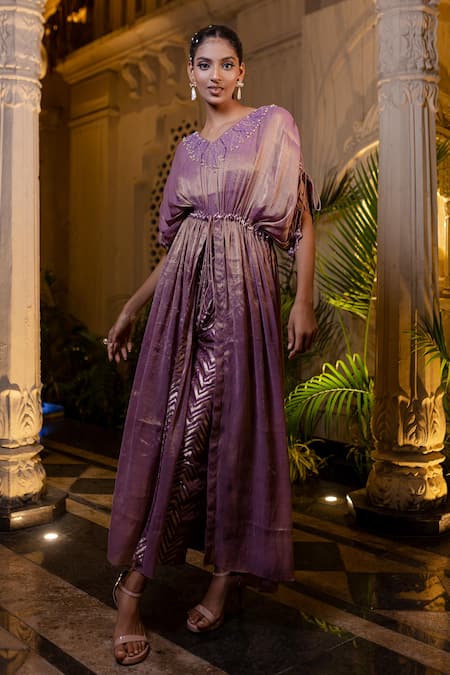Shop Farha Syed Lavender Chiffon, Tissue, Brocade Pearls, Sequins V-neck Kaftan And Pant Set Online at Aza Fashions Shop_Farha Syed_Lavender Chiffon, Tissue, Brocade Pearls, Sequins V-neck Kaftan And Pant Set _Online_at_Aza_Fashions