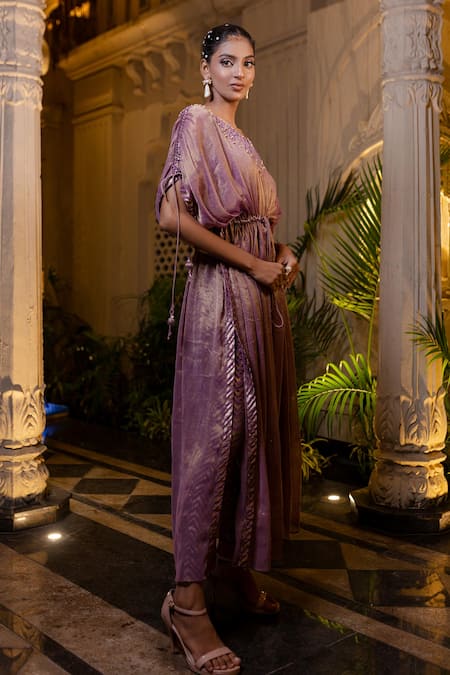 Farha Syed Lavender Chiffon, Tissue, Brocade Pearls, Sequins V-neck Kaftan And Pant Set at Aza Fashions Farha Syed_Lavender Chiffon, Tissue, Brocade Pearls, Sequins V-neck Kaftan And Pant Set _at_Aza_Fashions