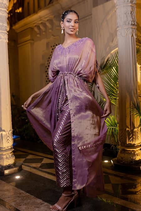 Buy Farha Syed Lavender Chiffon, Tissue, Brocade Pearls, Sequins V-neck Kaftan And Pant Set Buy_Farha Syed_Lavender Chiffon, Tissue, Brocade Pearls, Sequins V-neck Kaftan And Pant Set