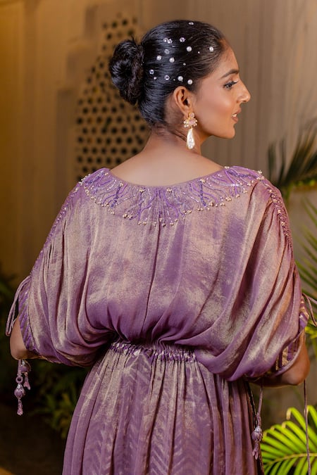 Shop Farha Syed Lavender Chiffon, Tissue, Brocade Pearls, Sequins V-neck Kaftan And Pant Set Shop_Farha Syed_Lavender Chiffon, Tissue, Brocade Pearls, Sequins V-neck Kaftan And Pant Set