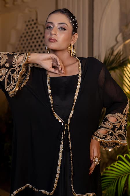 Buy Farha Syed Black Satin, Georgette Embroidery Round , Open Draped Gown And Jacket Set Online at Aza Fashions Buy_Farha Syed_Black Satin, Georgette Embroidery Round , Open Draped Gown And Jacket Set _Online_at_Aza_Fashions