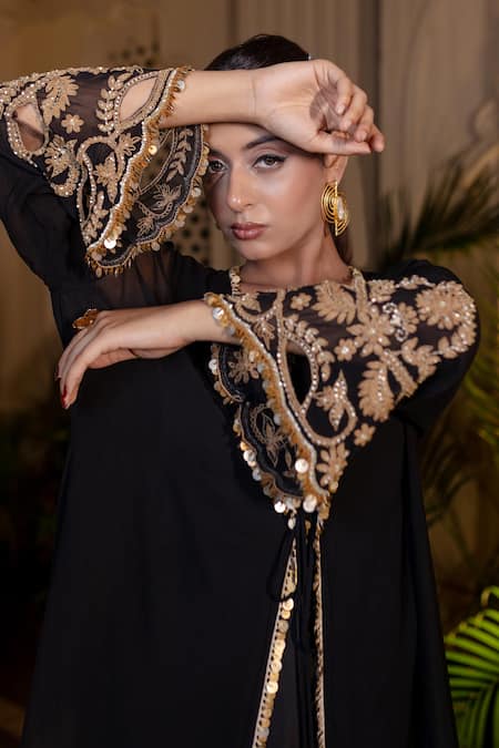 Farha Syed Black Satin, Georgette Embroidery Round , Open Draped Gown And Jacket Set at Aza Fashions Farha Syed_Black Satin, Georgette Embroidery Round , Open Draped Gown And Jacket Set _at_Aza_Fashions