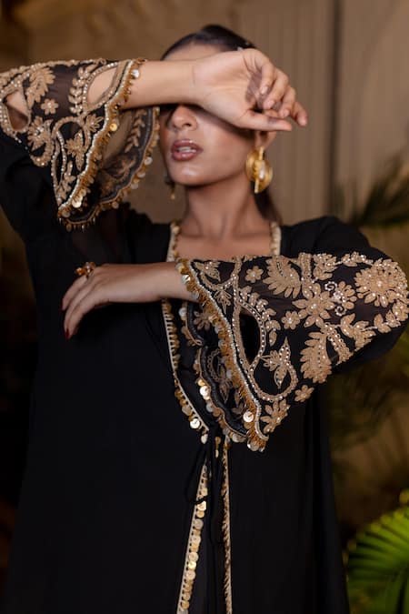 Buy Farha Syed Black Satin, Georgette Embroidery Round , Open Draped Gown And Jacket Set Buy_Farha Syed_Black Satin, Georgette Embroidery Round , Open Draped Gown And Jacket Set