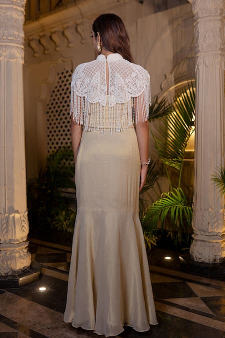 Farha Syed Ivory Beige Fishcut Gown With Cape 
