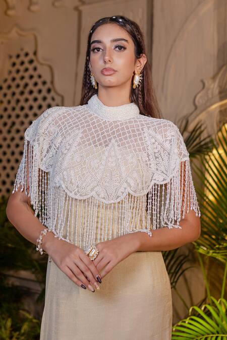 Buy_Farha Syed_Ivory Tissue, Chiffon Pearls, Sequins High Neck Beige Fishcut Gown With Cape _Online_at_Aza_Fashions