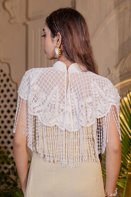 Shop_Farha Syed_Ivory Tissue, Chiffon Pearls, Sequins High Neck Beige Fishcut Gown With Cape _Online_at_Aza_Fashions