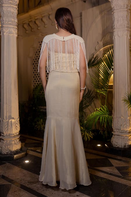 Farha Syed Ivory Beige Fishcut Gown With Cape 