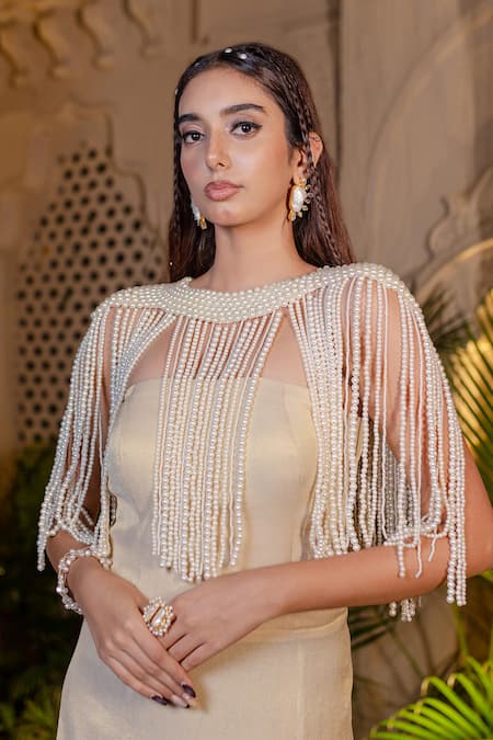 Buy_Farha Syed_Ivory Tissue, Chiffon Pearls, Sequins Round Neck Beige Fishcut Gown With Cape _Online_at_Aza_Fashions