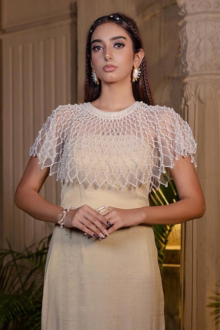 Farha Syed_Ivory Tissue, Taffeta Pearls, Sequins Round Neck Beige Fishcut Gown And Cape Set _Online_at_Aza_Fashions