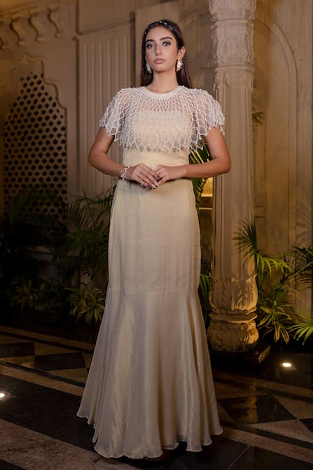 Farha Syed Ivory Tissue, Taffeta Pearls, Sequins Round Neck Beige Fishcut Gown And Cape Set 