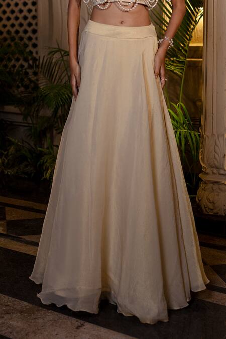 Buy_Farha Syed_Ivory Chiffon, Tissue, Taffeta Pearls, Sequins Beige Cape Lehenga Bustier Set _Online_at_Aza_Fashions