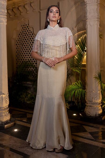Farha Syed_Ivory Tissue, Chiffon Pearls, Sequins High Beige Hand Embroidered Gown And Cape _Online_at_Aza_Fashions