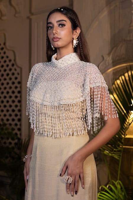 Buy_Farha Syed_Ivory Tissue, Chiffon Pearls, Sequins High Beige Hand Embroidered Gown And Cape _Online_at_Aza_Fashions