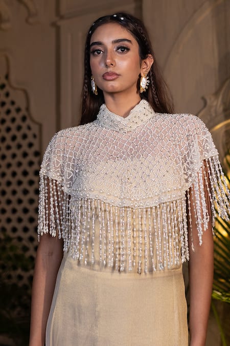 Shop_Farha Syed_Ivory Tissue, Chiffon Pearls, Sequins High Beige Hand Embroidered Gown And Cape _Online_at_Aza_Fashions