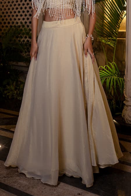 Farha Syed_Ivory Tissue, Chiffon, Taffeta Pearls, Sequins, Cut Work Beige Cape Lehenga Set _Online_at_Aza_Fashions