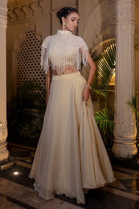 Buy_Farha Syed_Ivory Tissue, Chiffon, Taffeta Pearls, Sequins, Cut Work Beige Cape Lehenga Set _Online_at_Aza_Fashions