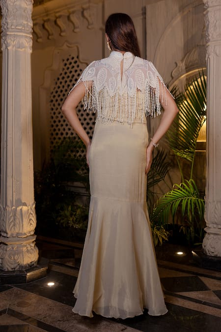 Farha Syed Ivory Beige Fishcut Gown & Cape Set 