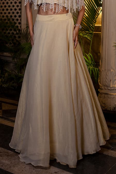 Farha Syed_Ivory Tissue, Chiffon Pearls, Sequins, Cut Work Round Beige Cape Lehenga Set _Online_at_Aza_Fashions